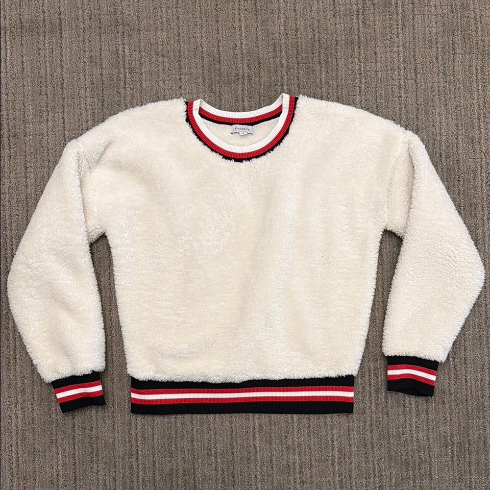 Cozy White Sherpa Sweater with Red-Trim Ribbing by Evereve